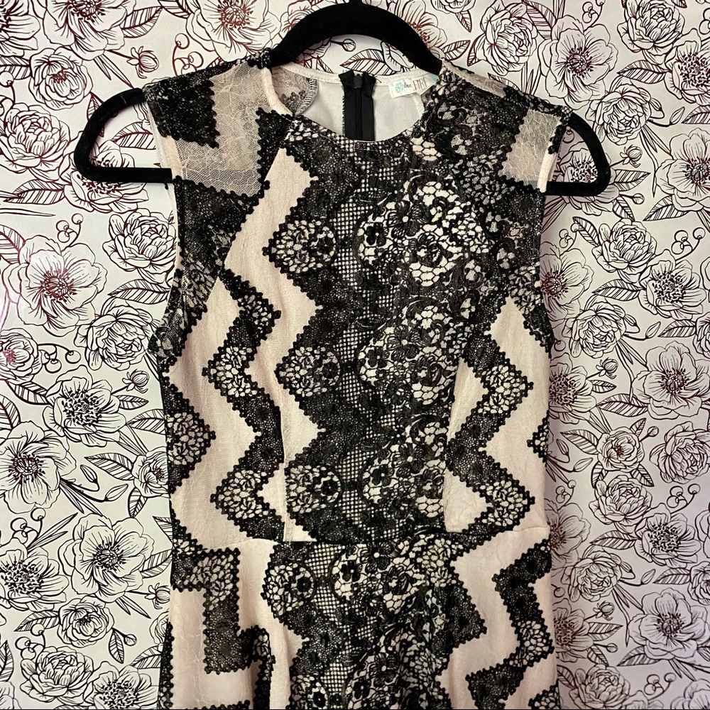 Nude and Black Lace A-line mini dress